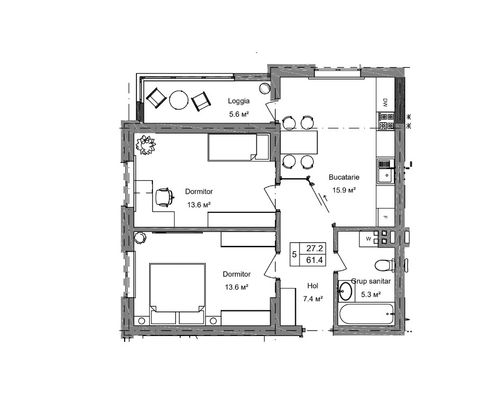 Apartament - 2 camere - 61/m²