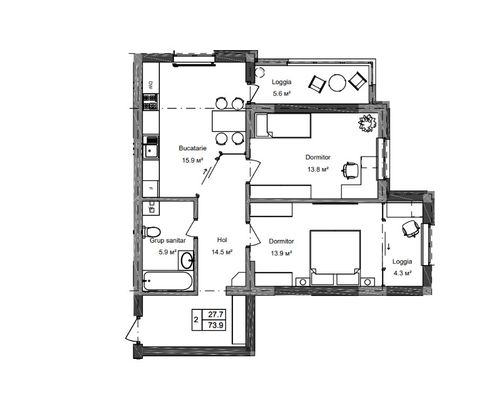Квартира - 2 комнаты - 73 м²