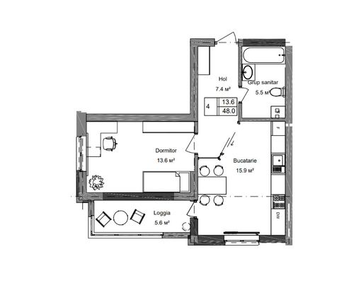 Apartament - 1 cameră - 48/m²